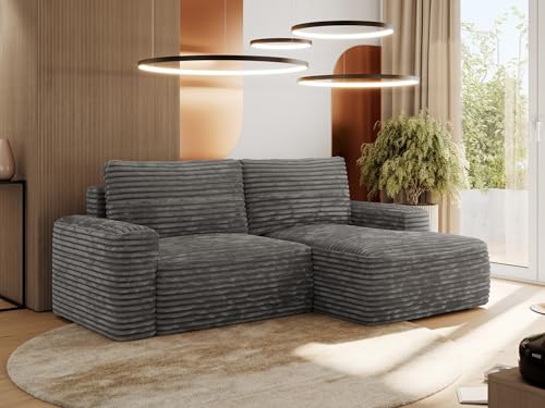 MKS MEBLE Sofa mit Schlaffunktion - Ecksofa mit Schlaffunktion und Bettkasten - Sofa 3 Sitzer - Schlafsofa - Couch - Schlafsofa mit Bettkasten - Belluno - Dunkelgrau Cord - Rechts von MKS MEBLE