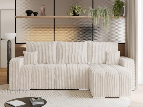 MKS MEBLE Sofa mit Schlaffunktion - Ecksofa mit Schlaffunktion und Bettkasten - Sofa 3 Sitzer - Schlafsofa - Couch - Schlafsofa mit Bettkasten - Kirasso L - Beige Cord von MKS MEBLE