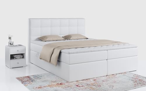 MKS MEBLE TOP2 Boxspringbett 160x200 mit Bettkasten Taschenfederkern Matratze H3 und Topper Bett 160x200 Polsterbett mit Kopfteil Weiß Kunstleder von MKS MEBLE