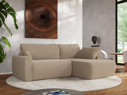 MKS MEBLE Wohnlandschaft Großes Sofa L-Form, Ecksofa mit Schlaffunktion und Bettkasten, Schlafsofa mit Stauraum, Couch mit losen Rückenpolstern CUBO L - Hellbraun - Boucle - Rechts von MKS MEBLE