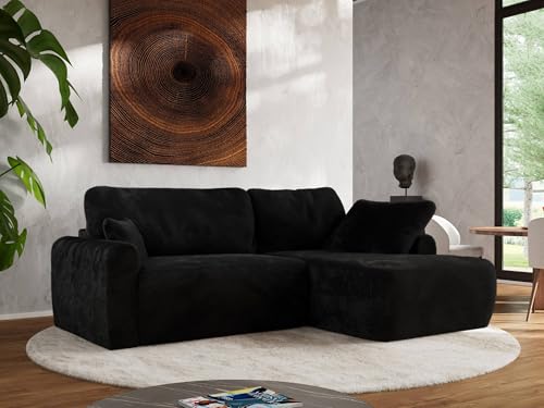 MKS MEBLE Wohnlandschaft Großes Sofa L-Form, Ecksofa mit Schlaffunktion und Bettkasten, Schlafsofa mit Stauraum, Couch mit losen Rückenpolstern CUBO L - Schwarz - Plüsch - Rechts von MKS MEBLE
