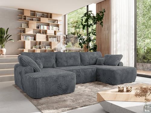 MKS MEBLE Wohnlandschaft Großes Sofa U-Form, Ecksofa mit Schlaffunktion und Bettkasten, Schlafsofa mit Stauraum, Couch mit losen Rückenpolstern CUBO U - Dunkelgrau - Cord MKS MEBLE Wohnlandschaft Großes Sofa U-Form, Ecksofa mit Schlaffunktion und Bettkasten, Schlafsofa mit Stauraum, Couch mit losen Rückenpolstern CUBO U - Dunkelgrau - Cord von MKS MEBLE