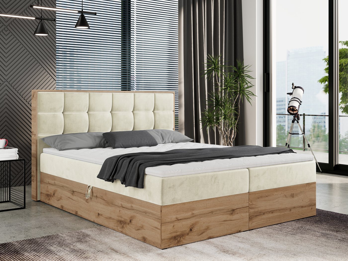 MKS MÖBEL Boxspringbett ALBERO 1, Doppelbett, Multipocket-Matratze, Eiche Holzrahmen, Praktisch von MKS MÖBEL