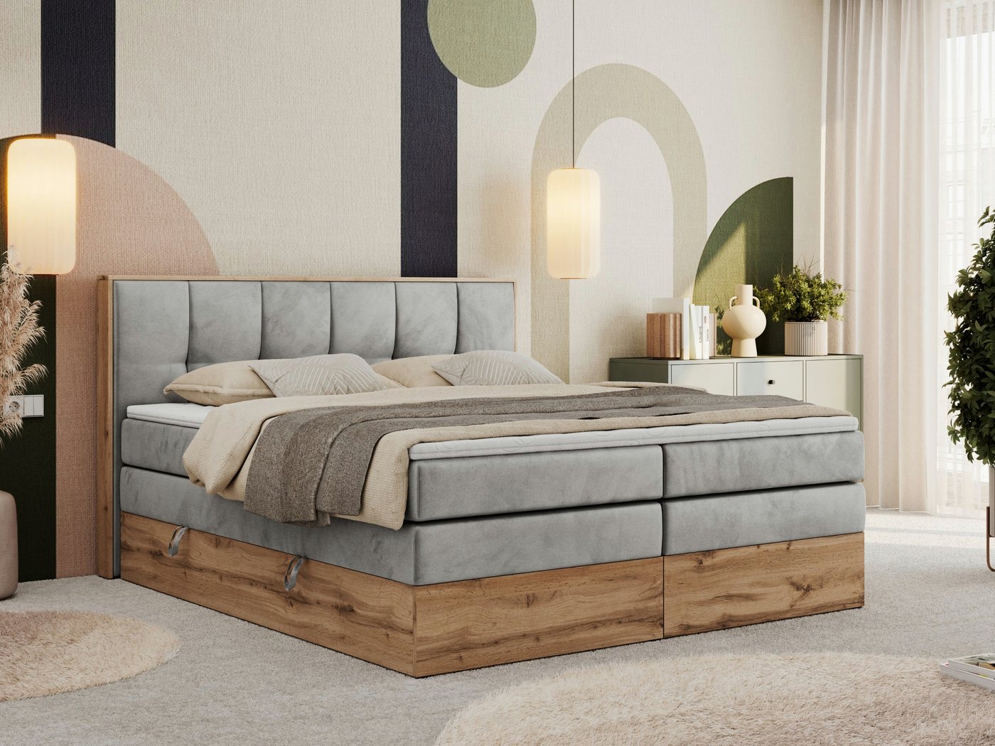 MKS MÖBEL Boxspringbett ALBERO 1 KING (Packung, Set, Polsterbett, Topper T25, T30-Schaum, Möbelplattenelementen), Doppelbett, Bettkästen, Multipocket-Matratzen, Boxspringbett, Kopfteil von MKS MÖBEL