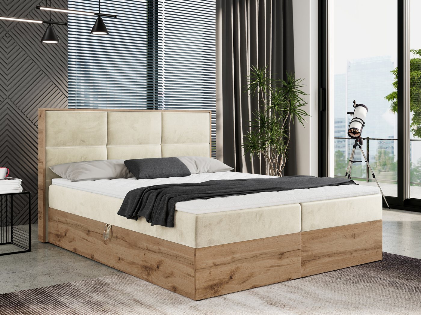 MKS MÖBEL Boxspringbett ALBERO 2, Doppelbett, mit Eiche Holzrahmen, Multipocket-Matratze, mit Kopfstütze von MKS MÖBEL