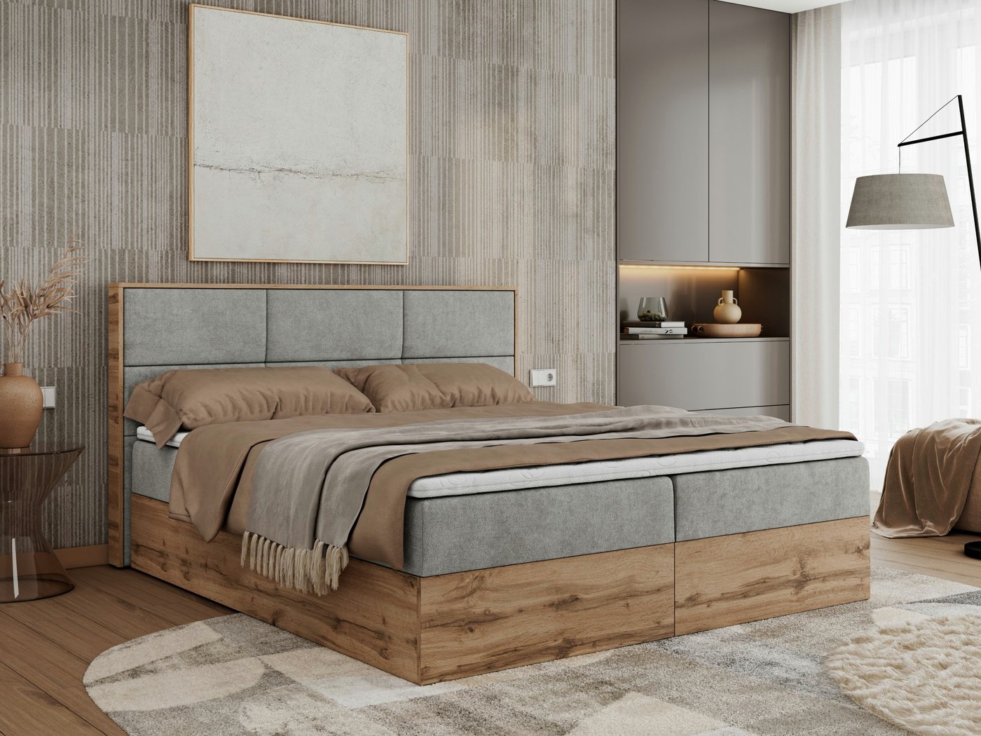 MKS MÖBEL Boxspringbett ALBERO 2 (Packung, Set, Polsterbett, T30-Schaum, Topper T25/Visco, Zwei Bettkästen), Doppelbett, mit Möbelplatten, Multipocket-Matratze, mit Kopfstütze von MKS MÖBEL