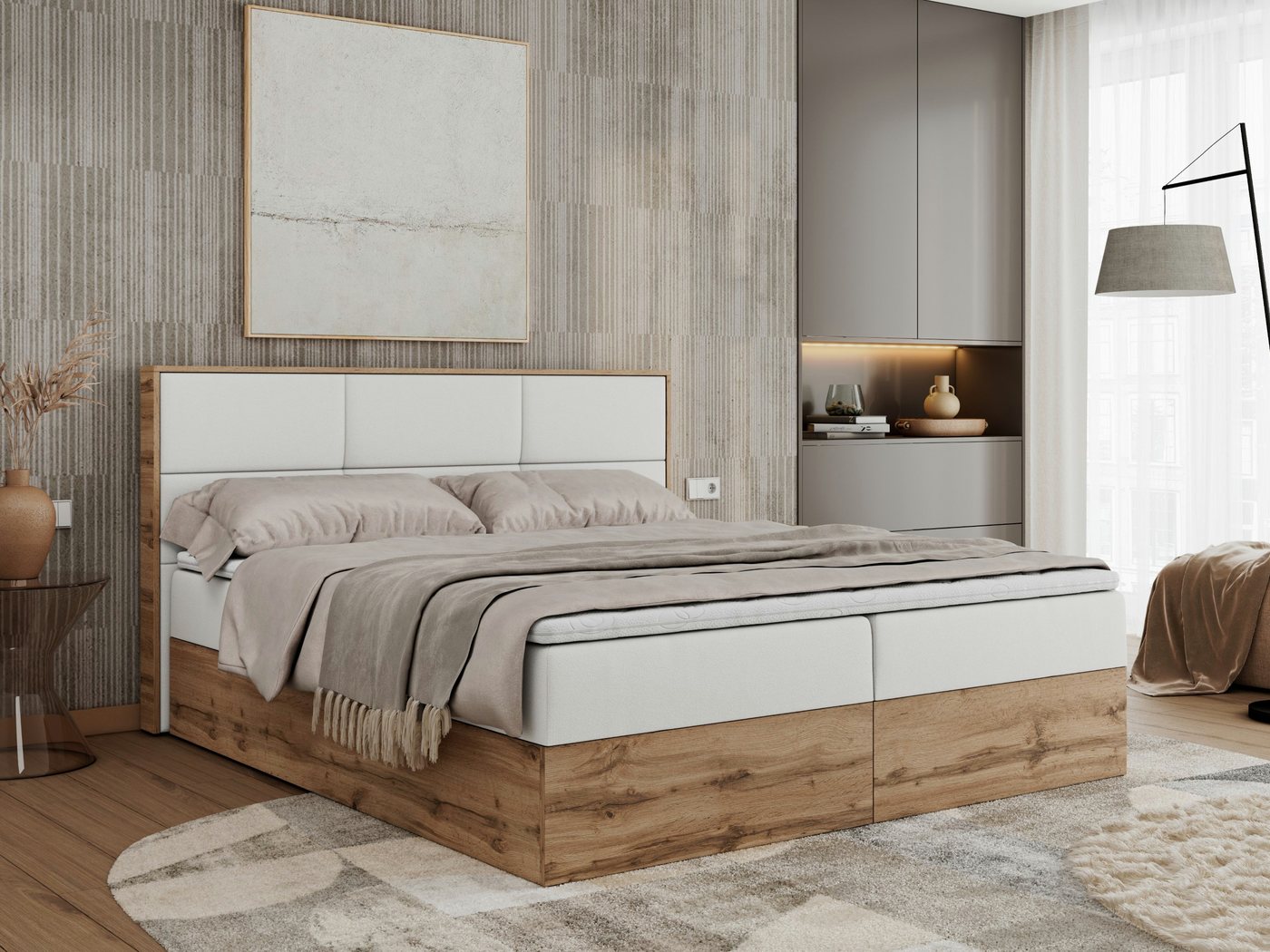 MKS MÖBEL Boxspringbett ALBERO 2 (Packung, Set, Polsterbett, T30-Schaum, Topper T25/Visco, Zwei Bettkästen), Doppelbett, mit Möbelplatten, Multipocket-Matratze, mit Kopfstütze von MKS MÖBEL