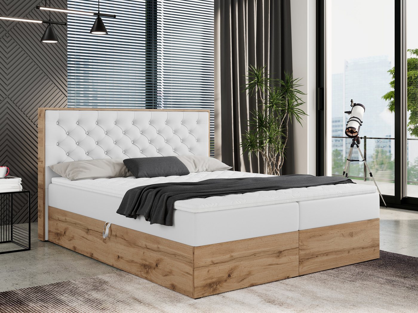 MKS MÖBEL Boxspringbett ALBERO 3, Multipocket-Matratze, Doppelbett, mit Eiche Holzrahmen, mit Kopfstütze von MKS MÖBEL