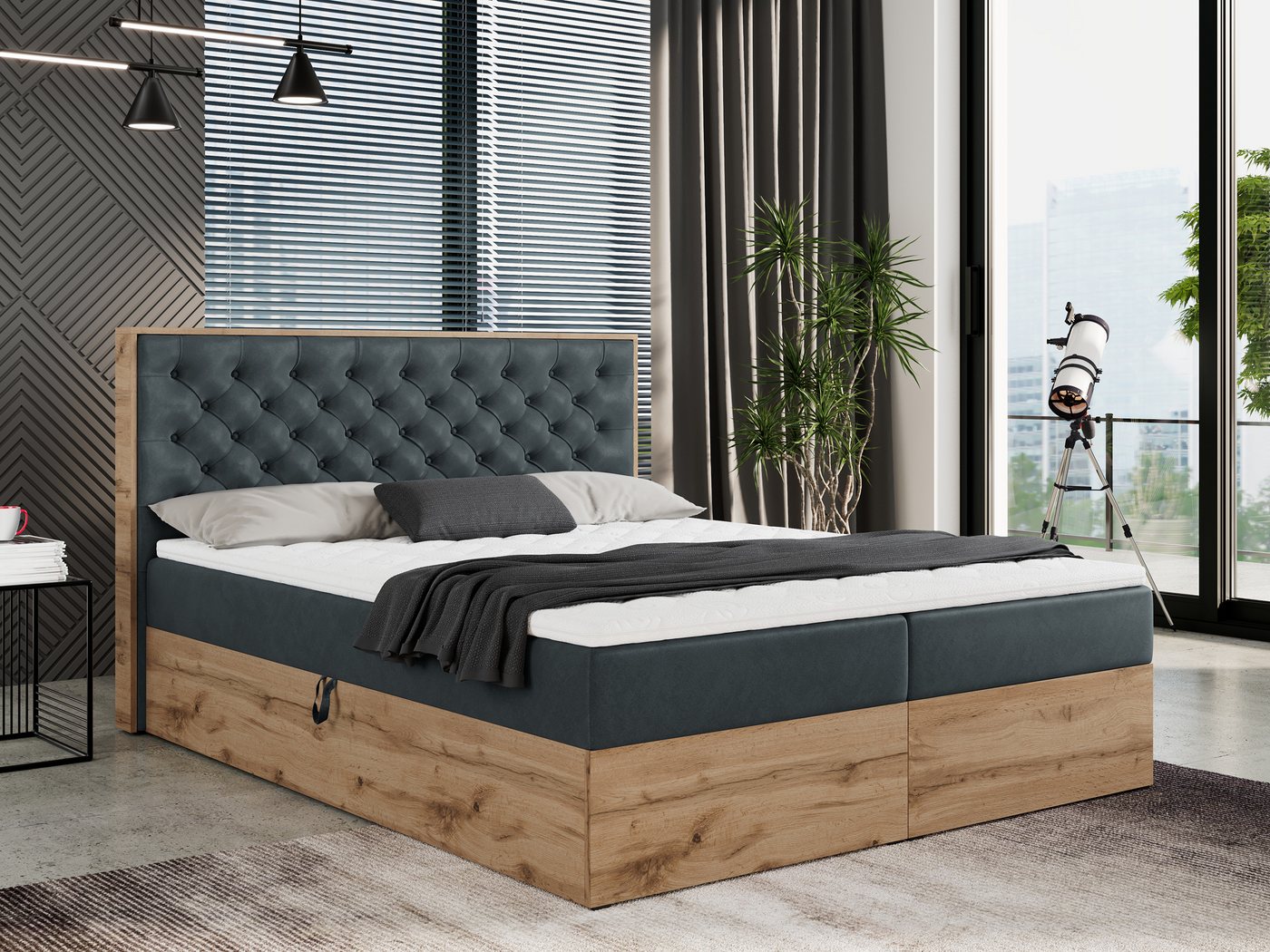 MKS MÖBEL Boxspringbett ALBERO 3, Multipocket-Matratze, Doppelbett, mit Eiche Holzrahmen, mit Kopfstütze von MKS MÖBEL