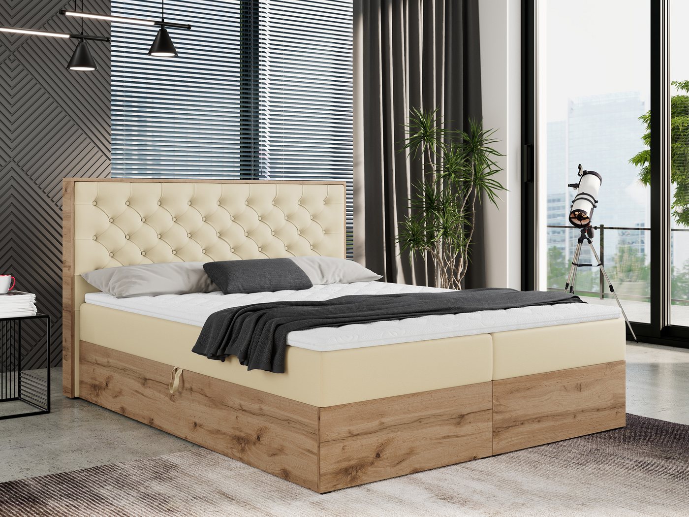 MKS MÖBEL Boxspringbett ALBERO 3, Multipocket-Matratze, Doppelbett, mit Eiche Holzrahmen, mit Kopfstütze von MKS MÖBEL