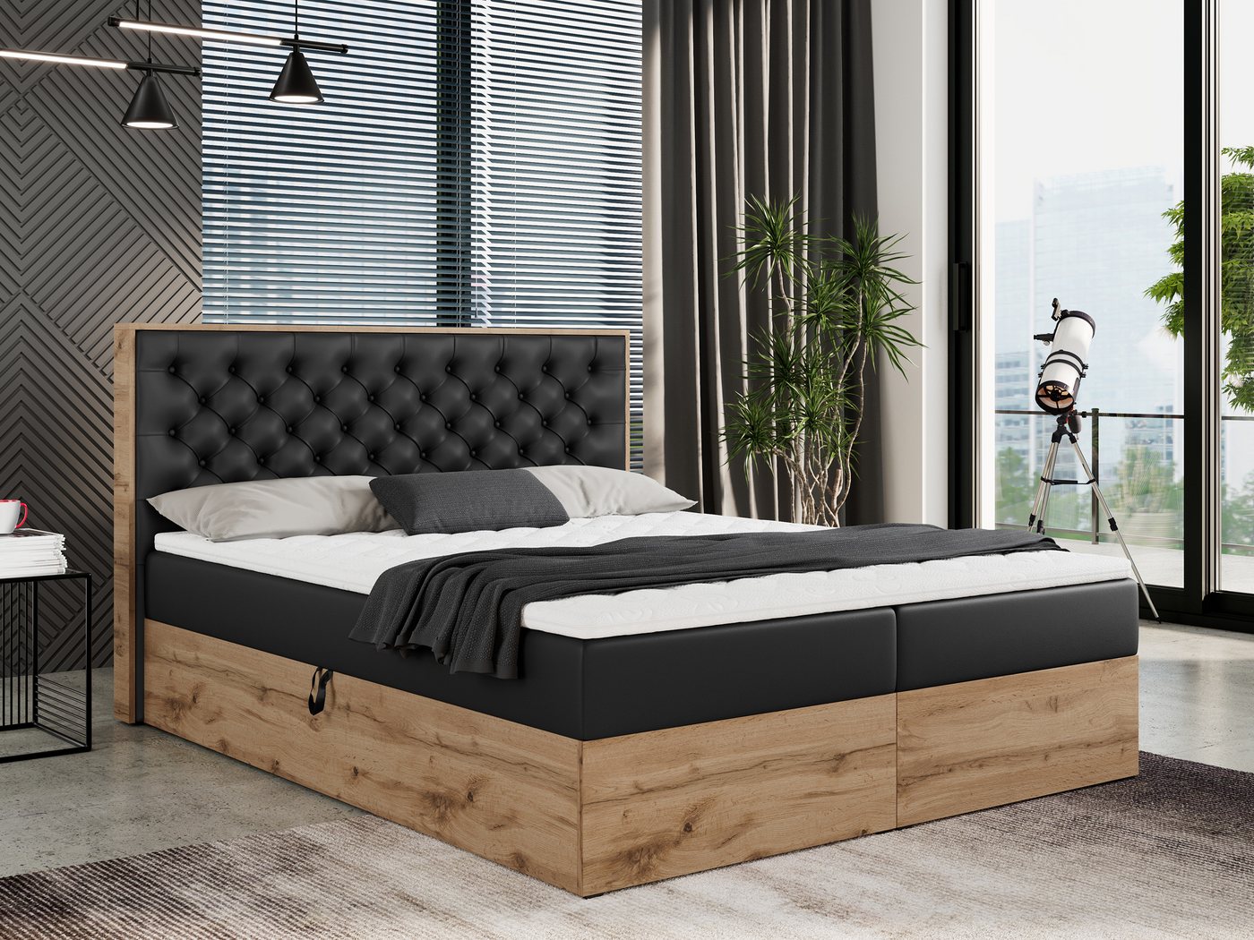 MKS MÖBEL Boxspringbett ALBERO 3, Multipocket-Matratze, Doppelbett, mit Eiche Holzrahmen, mit Kopfstütze von MKS MÖBEL