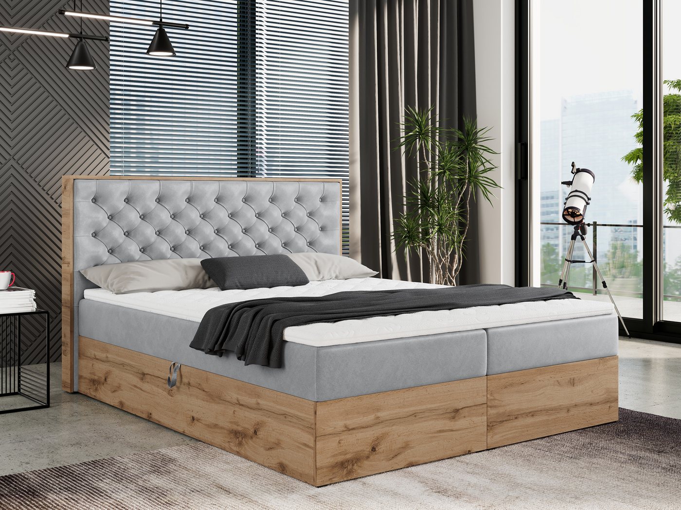 MKS MÖBEL Boxspringbett ALBERO 3, Multipocket-Matratze, Doppelbett, mit Eiche Holzrahmen, mit Kopfstütze von MKS MÖBEL