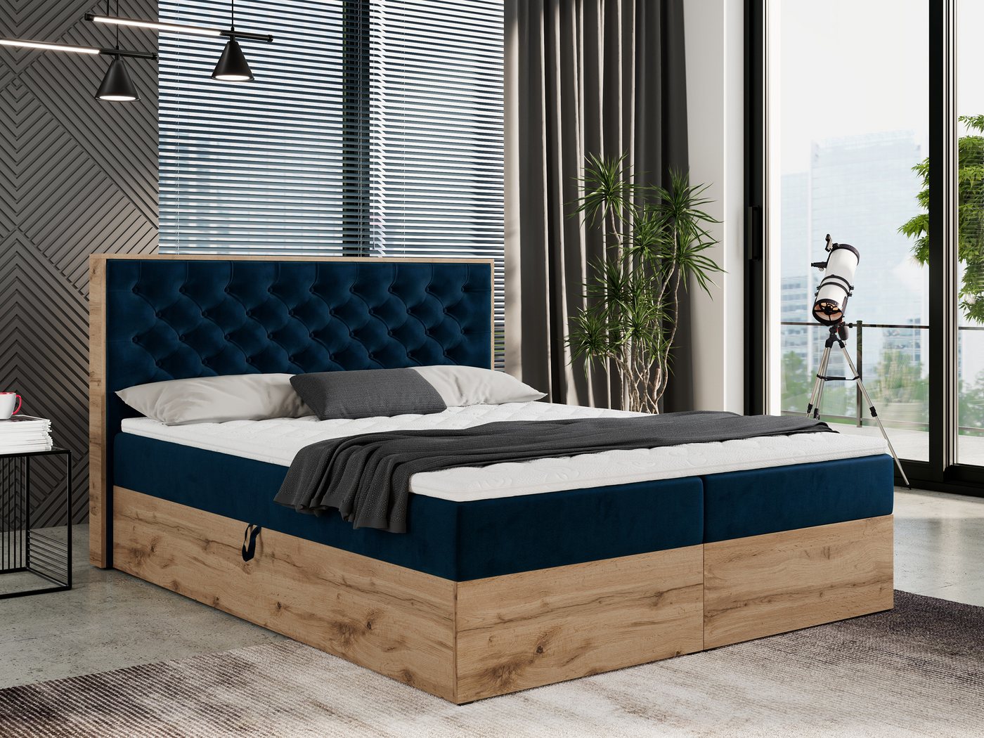 MKS MÖBEL Boxspringbett ALBERO 3, Multipocket-Matratze, Doppelbett, mit Eiche Holzrahmen, mit Kopfstütze von MKS MÖBEL