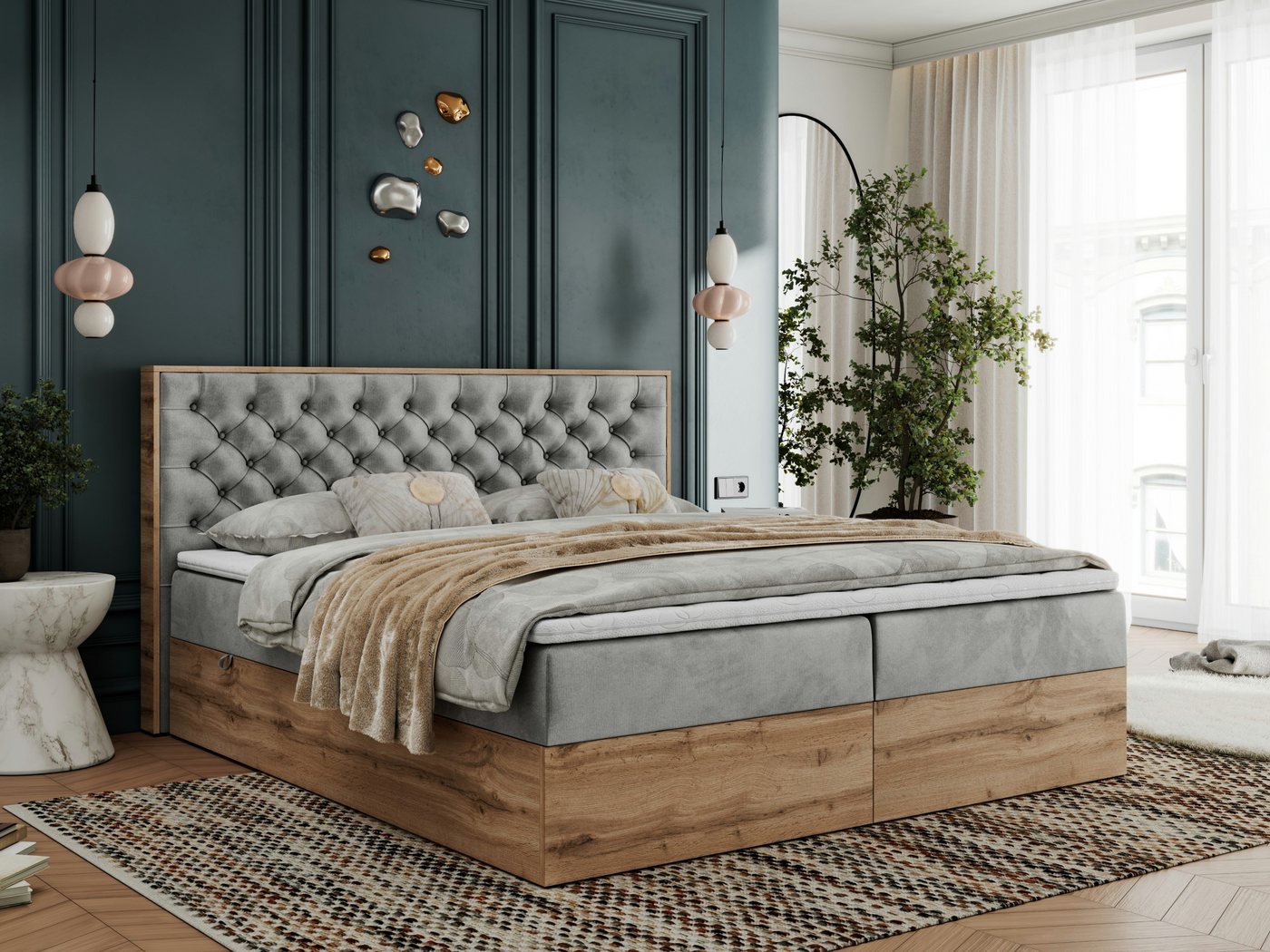 MKS MÖBEL Boxspringbett ALBERO 3 (Packung, Set, Topper T25, T30-Schaum, Stauraum, Zwei Bettkästen, Matratzen), Multipocket-Matratze, Doppelbett, mit Möbelplatten, mit Kopfstütze von MKS MÖBEL