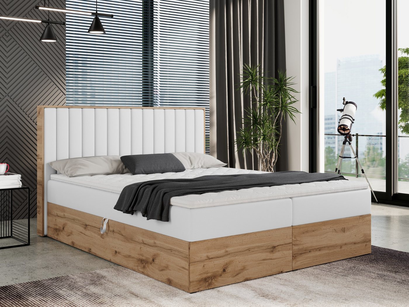 MKS MÖBEL Boxspringbett ALBERO 4, mit Bettkasten, Doppelbett mit Kopfstütze, Eiche Holzrahmen, Matratze von MKS MÖBEL