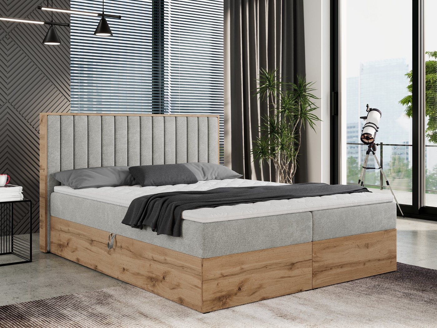 MKS MÖBEL Boxspringbett ALBERO 4, mit Bettkasten, Doppelbett mit Kopfstütze, Eiche Holzrahmen, Matratze von MKS MÖBEL