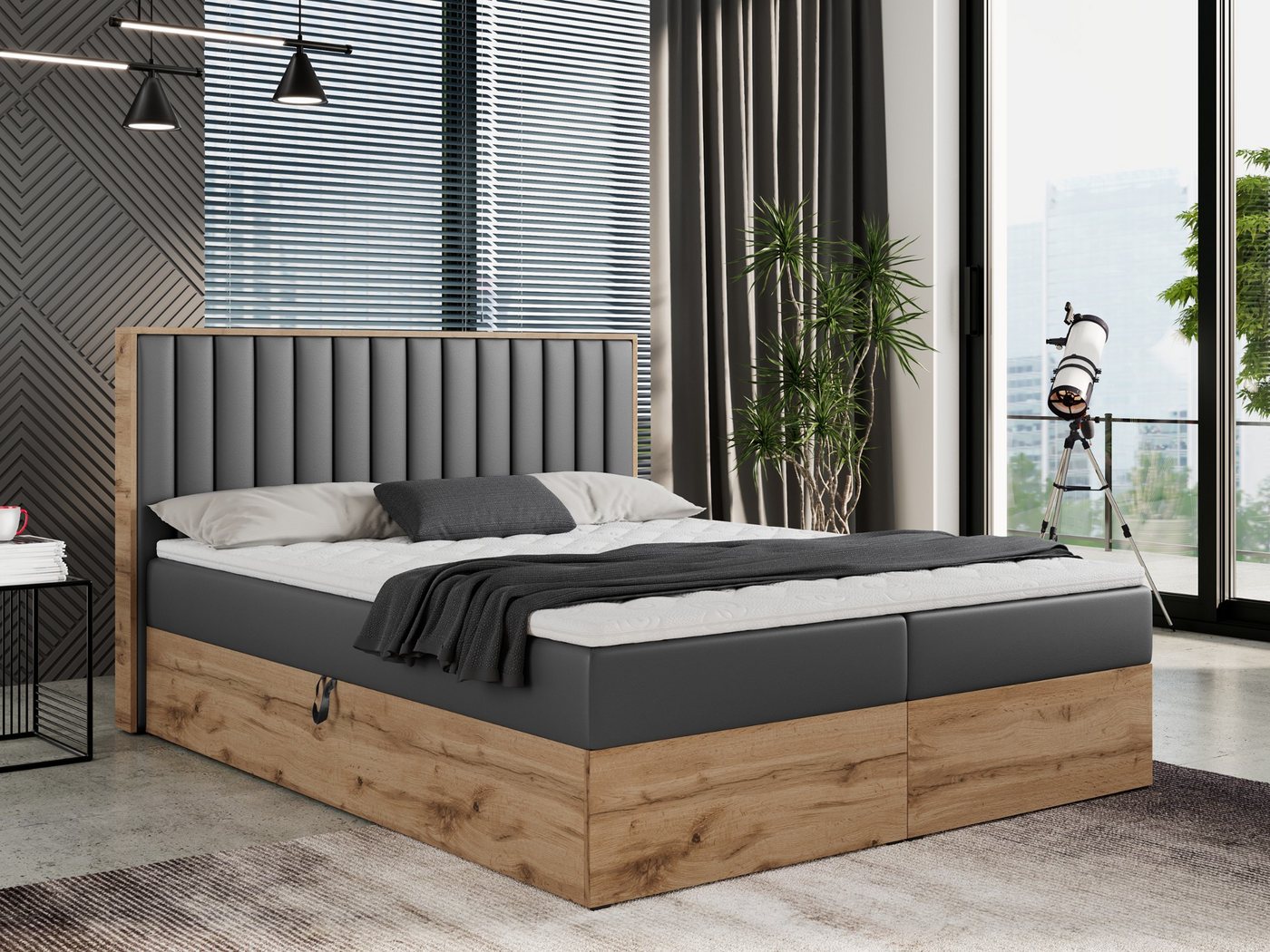 MKS MÖBEL Boxspringbett ALBERO 4, mit Bettkasten, Doppelbett mit Kopfstütze, Eiche Holzrahmen, Matratze von MKS MÖBEL