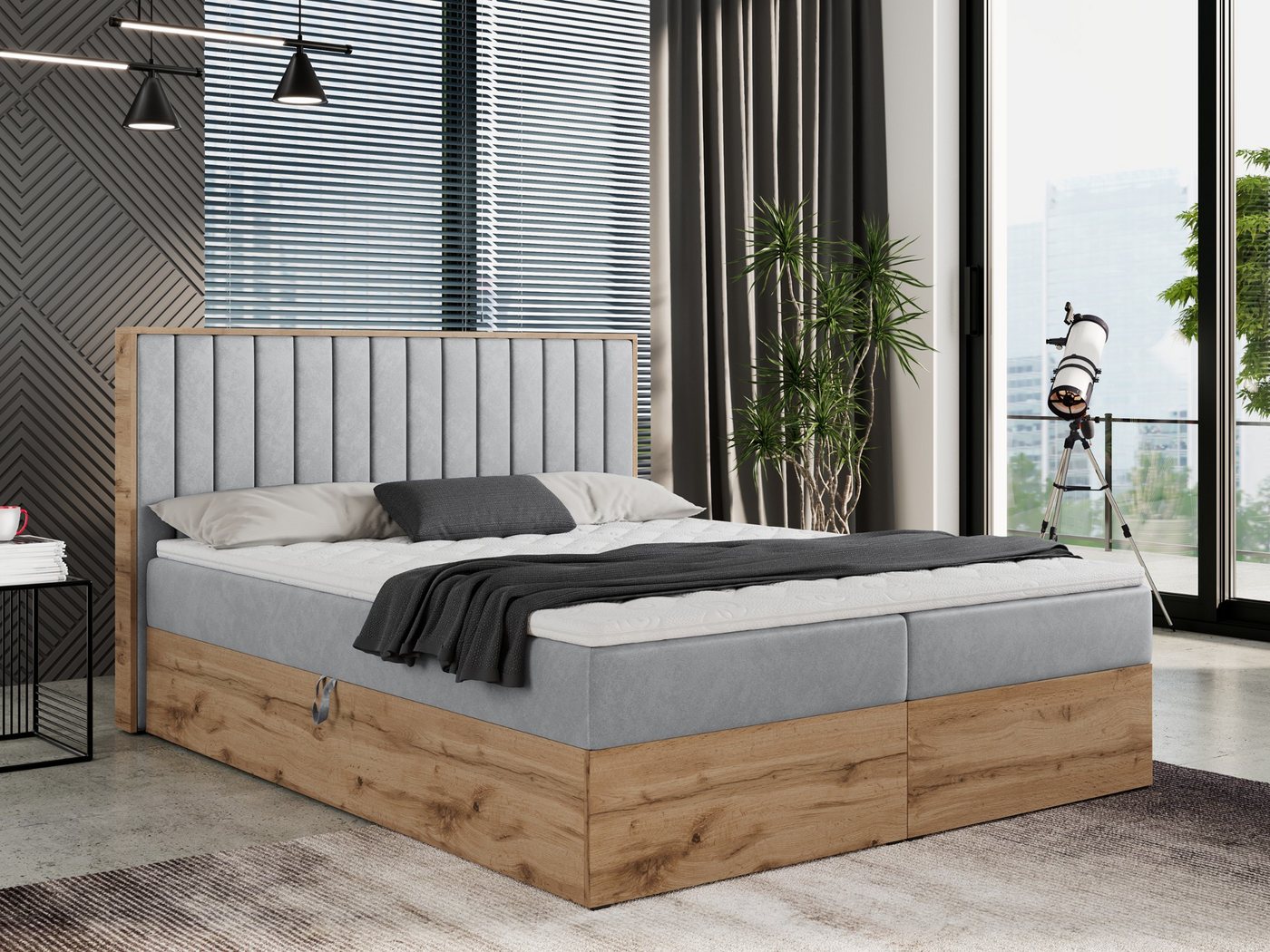 MKS MÖBEL Boxspringbett ALBERO 4, mit Bettkasten, Doppelbett mit Kopfstütze, Eiche Holzrahmen, Matratze von MKS MÖBEL