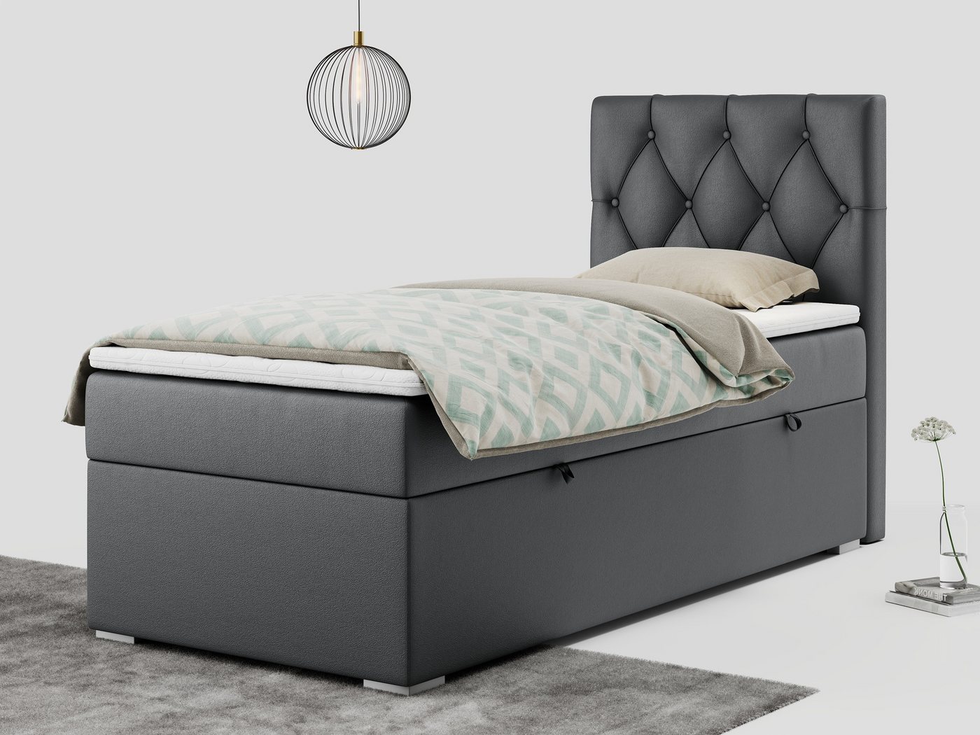 MKS MÖBEL Boxspringbett ALDA, Einzelbett mit gestepptem Kopfteil und einem Bettkasten, 90x200 von MKS MÖBEL