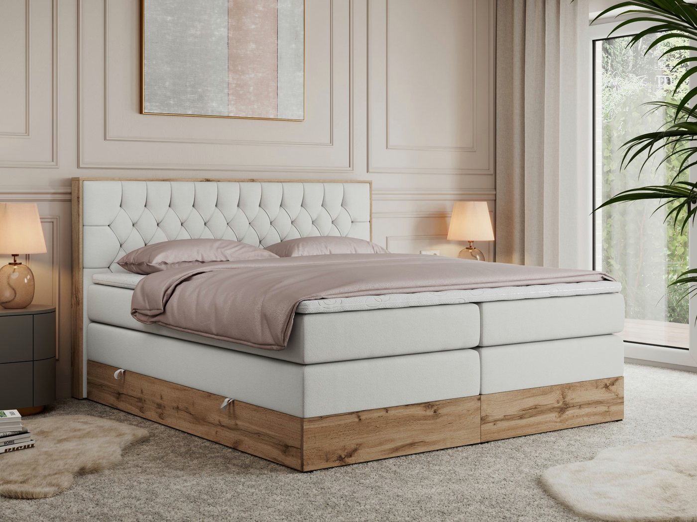 MKS MÖBEL Boxspringbett AMORE KING (Set, T30-Schaum, Topper T-25, fünf Matratzen, zwei Bettkästen), mit Multipocket Matratzen, Boxspringbett, mit Möbelplatten von MKS MÖBEL