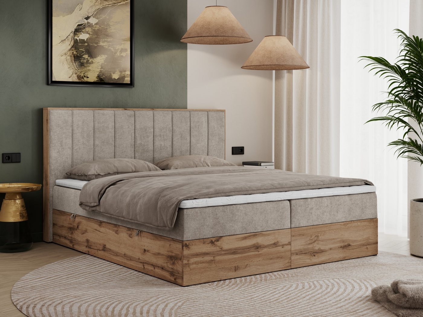 MKS MÖBEL Boxspringbett BELLISSIMO (Bett mit genähtem Kopfteil, T30-Schaum, Topper T25), Boxspringbett, Multipocket Matratzen, zwei Bettkästen, Möbelplatten von MKS MÖBEL