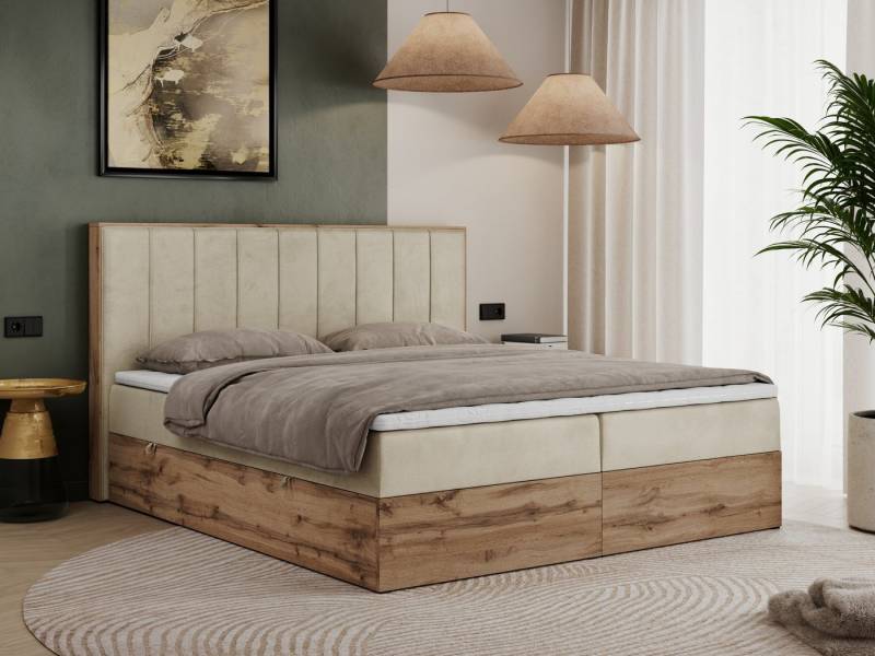MKS MÖBEL Boxspringbett BELLISSIMO (Bett mit genähtem Kopfteil, T30-Schaum, Topper T25), Boxspringbett, Multipocket Matratzen, zwei Bettkästen, Möbelplatten von MKS MÖBEL