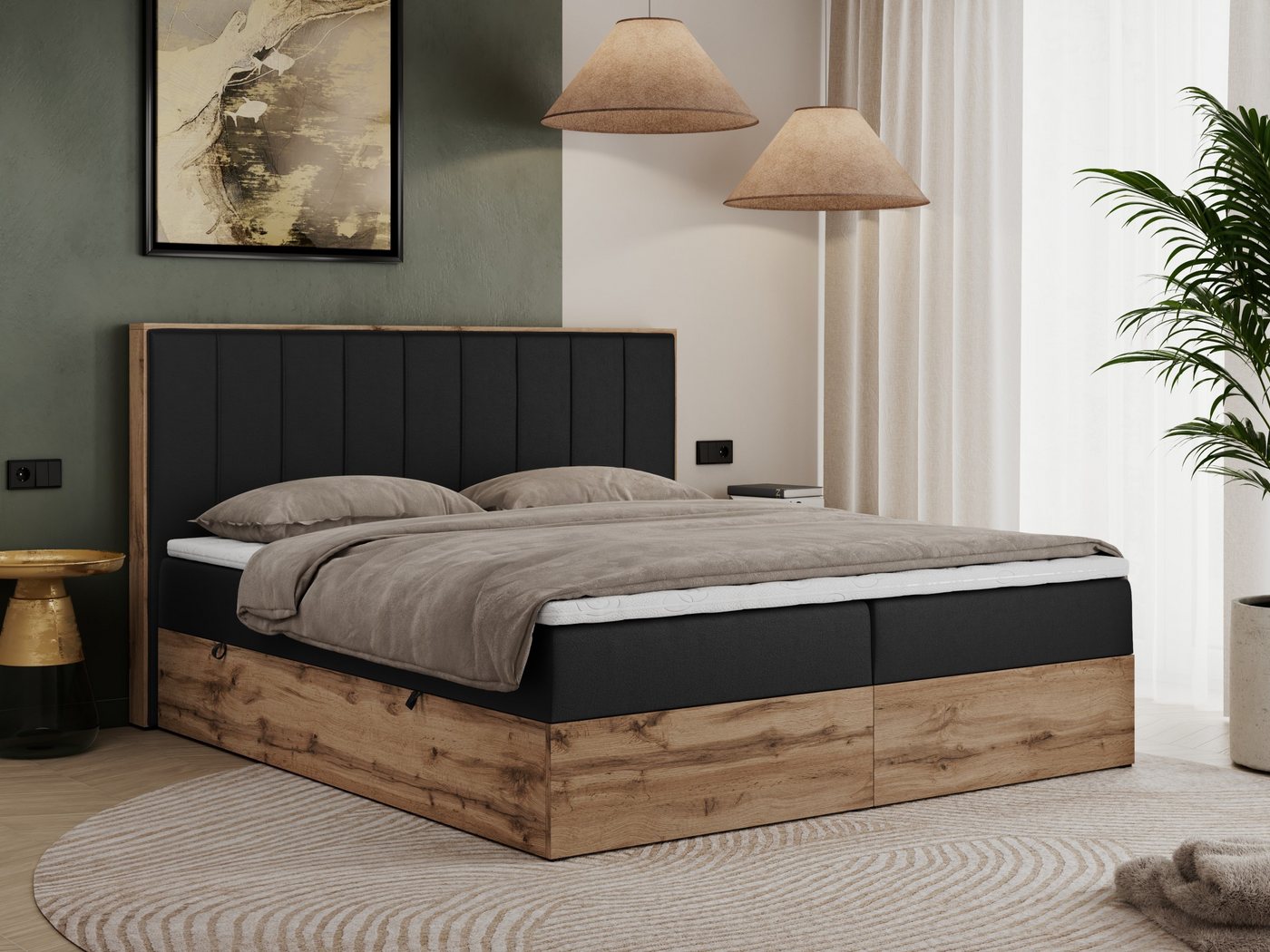 MKS MÖBEL Boxspringbett BELLISSIMO (Bett mit genähtem Kopfteil, T30-Schaum, Topper T25), Boxspringbett, Multipocket Matratzen, zwei Bettkästen, Möbelplatten von MKS MÖBEL
