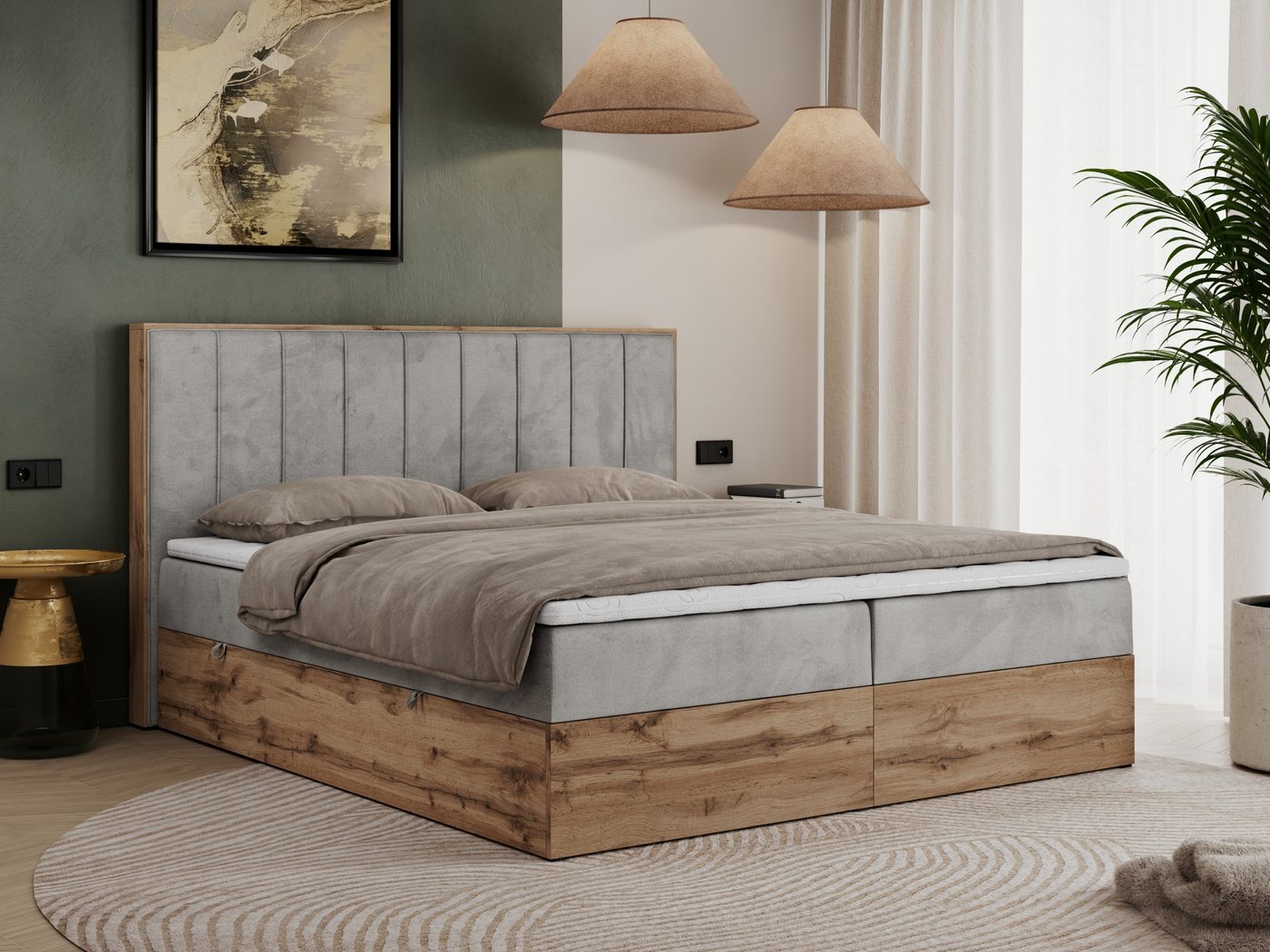 MKS MÖBEL Boxspringbett BELLISSIMO (Bett mit genähtem Kopfteil, T30-Schaum, Topper T25), Boxspringbett, Multipocket Matratzen, zwei Bettkästen, Möbelplatten von MKS MÖBEL