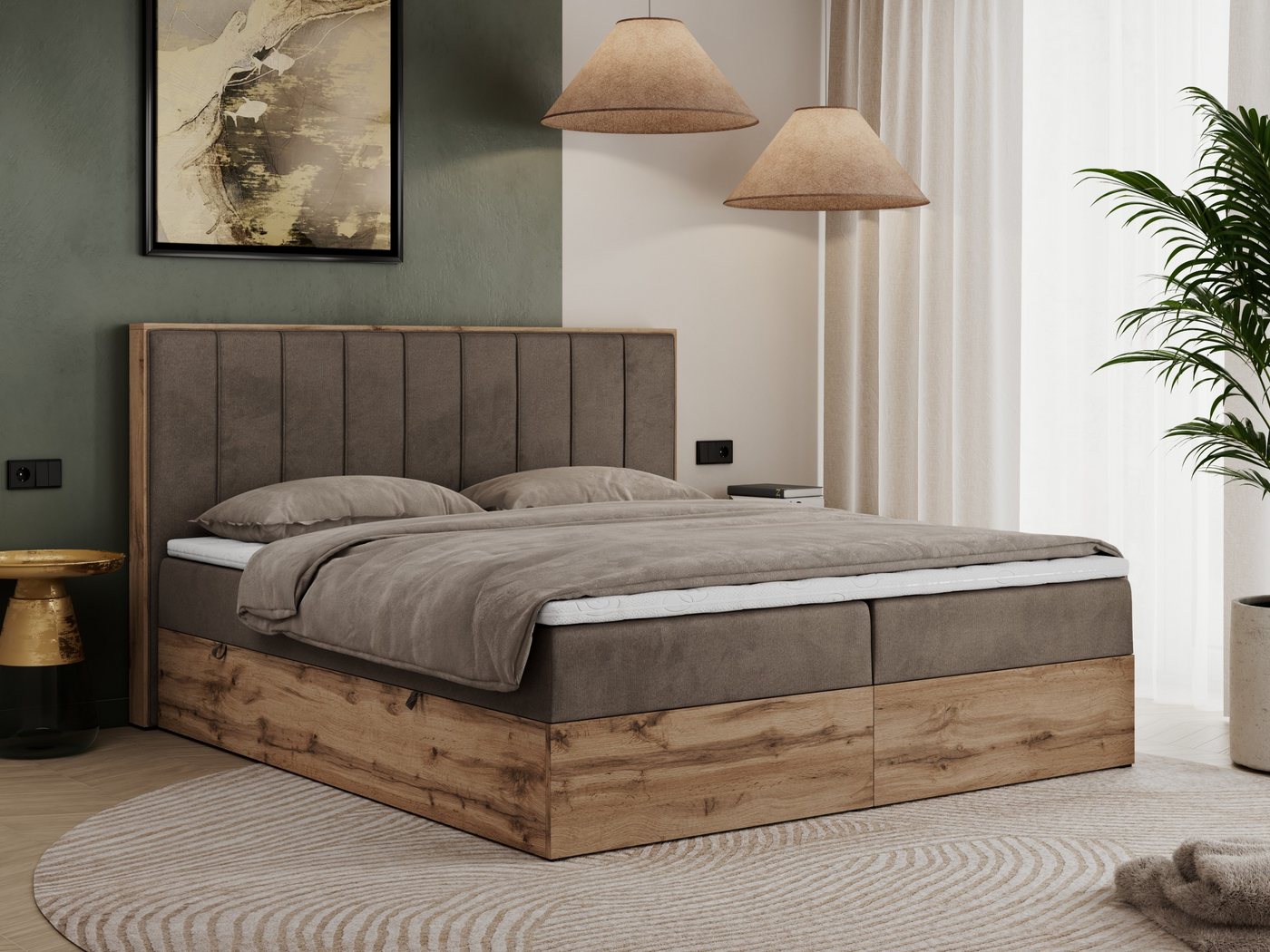 MKS MÖBEL Boxspringbett BELLISSIMO (Bett mit genähtem Kopfteil, T30-Schaum, Topper T25), Boxspringbett, Multipocket Matratzen, zwei Bettkästen, Möbelplatten von MKS MÖBEL