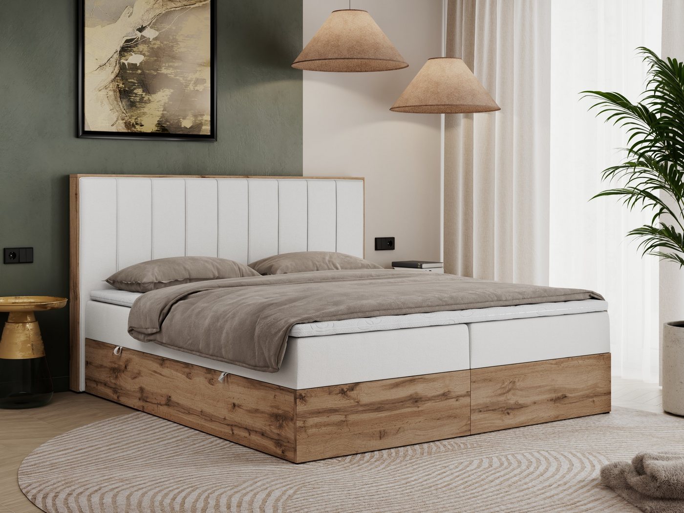 MKS MÖBEL Boxspringbett BELLISSIMO (Bett mit genähtem Kopfteil, T30-Schaum, Topper T25), Boxspringbett, Multipocket Matratzen, zwei Bettkästen, Möbelplatten von MKS MÖBEL