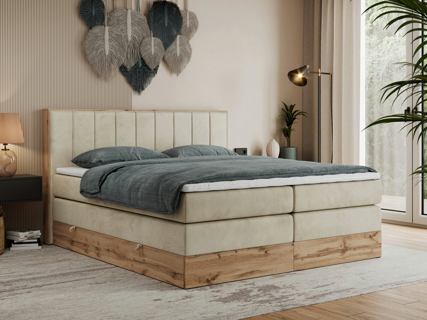 MKS MÖBEL Boxspringbett BELLISSIMO KING (Topper T-25, T30-Schaum, Möbelplatten, Kopfteil), Multipocket Matratzen, Rahmen des Bettes in Eichen-Optik, Bettkästen von MKS MÖBEL