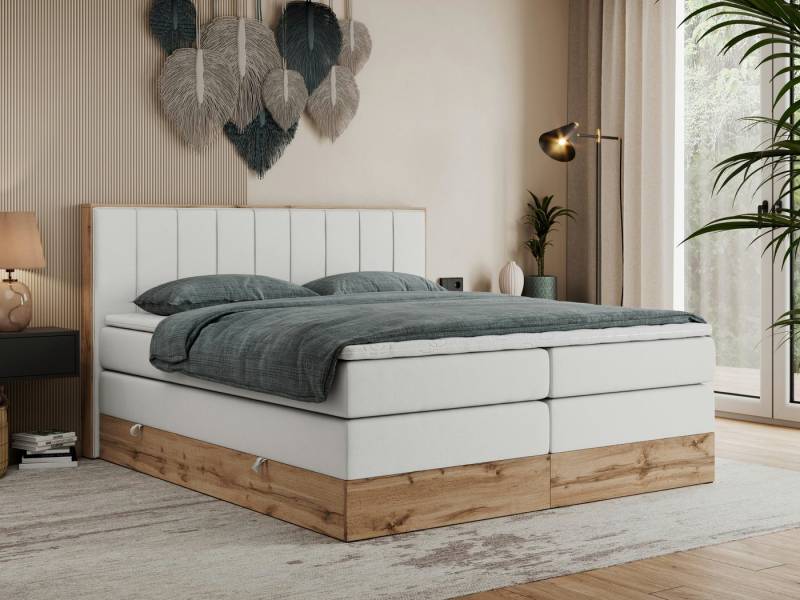 MKS MÖBEL Boxspringbett BELLISSIMO KING (Topper T-25, T30-Schaum, Möbelplatten, Kopfteil), Multipocket Matratzen, Rahmen des Bettes in Eichen-Optik, Bettkästen von MKS MÖBEL