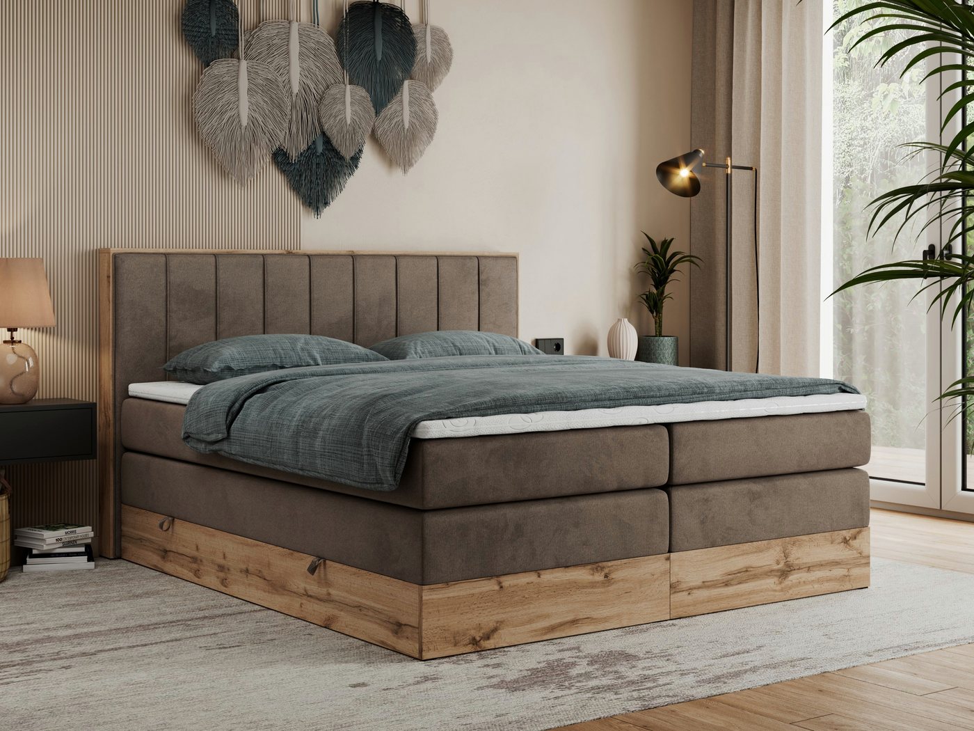 MKS MÖBEL Boxspringbett BELLISSIMO KING (Topper T-25, T30-Schaum, Möbelplatten, Kopfteil), Multipocket Matratzen, Rahmen des Bettes in Eichen-Optik, Bettkästen von MKS MÖBEL