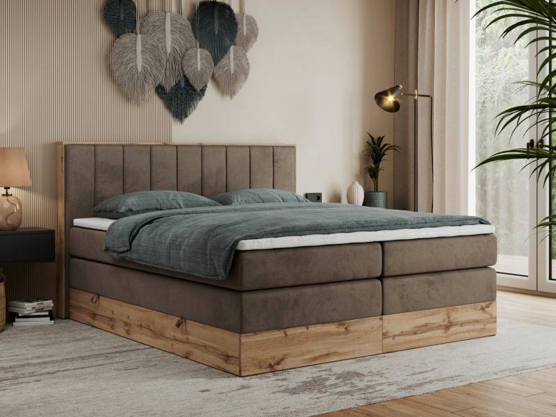 MKS MÖBEL Boxspringbett BELLISSIMO KING (Topper T-25, T30-Schaum, Möbelplatten, Kopfteil), Multipocket Matratzen, Rahmen des Bettes in Eichen-Optik, Bettkästen von MKS MÖBEL