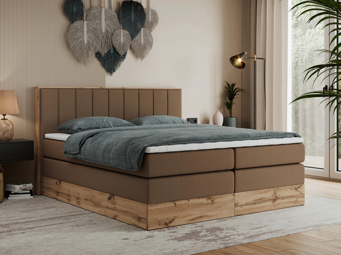 MKS MÖBEL Boxspringbett BELLISSIMO KING (Topper T-25, T30-Schaum, Möbelplatten, Kopfteil), Multipocket Matratzen, Rahmen des Bettes in Eichen-Optik, Bettkästen von MKS MÖBEL