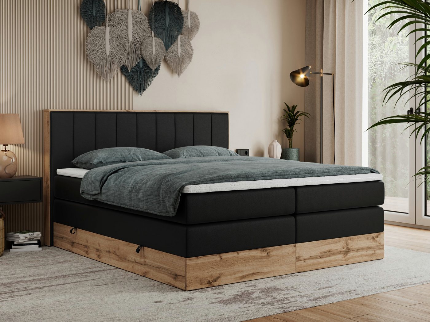 MKS MÖBEL Boxspringbett BELLISSIMO KING (Topper T-25, T30-Schaum, Möbelplatten, Kopfteil), Multipocket Matratzen, Rahmen des Bettes in Eichen-Optik, Bettkästen von MKS MÖBEL