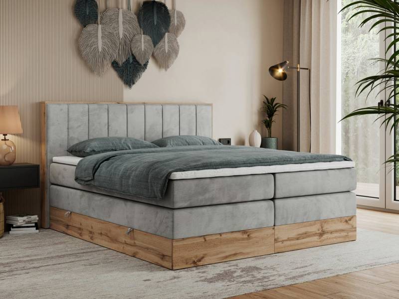 MKS MÖBEL Boxspringbett BELLISSIMO KING (Topper T-25, T30-Schaum, Möbelplatten, Kopfteil), Multipocket Matratzen, Rahmen des Bettes in Eichen-Optik, Bettkästen von MKS MÖBEL