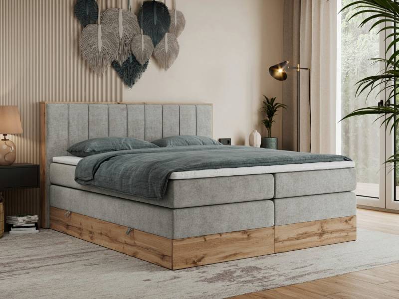 MKS MÖBEL Boxspringbett BELLISSIMO KING (Topper T-25, T30-Schaum, Möbelplatten, Kopfteil), Multipocket Matratzen, Rahmen des Bettes in Eichen-Optik, Bettkästen von MKS MÖBEL