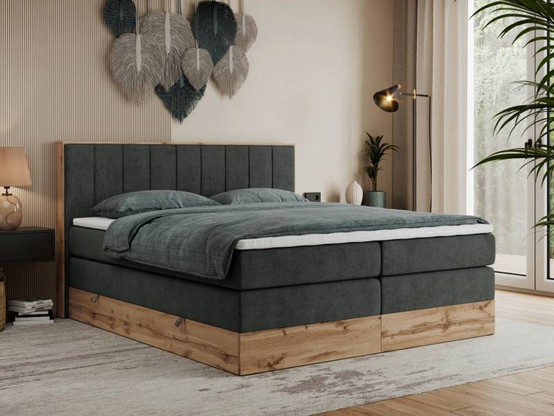 MKS MÖBEL Boxspringbett BELLISSIMO KING (Topper T-25, T30-Schaum, Möbelplatten, Kopfteil), Multipocket Matratzen, Rahmen des Bettes in Eichen-Optik, Bettkästen von MKS MÖBEL