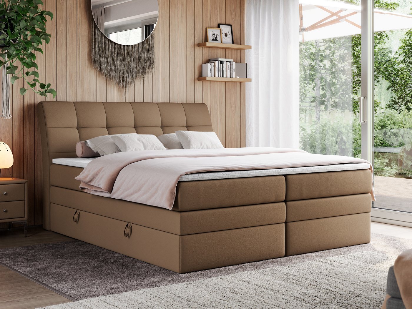 MKS MÖBEL Boxspringbett GOLD 10 KING (Set, zwei Bonell-Matratzen, zwei Multipocket-Matratzen, Topper T25), Polsterbett mit Bettkasten und fünf Matratzen - Stauraumbett von MKS MÖBEL