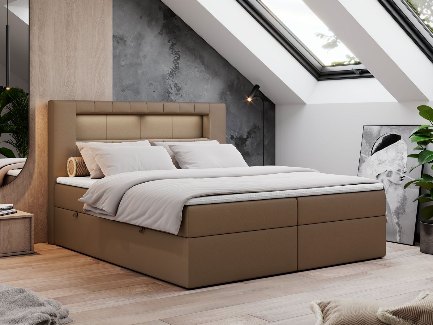 MKS MÖBEL Boxspringbett GOLD5, Polsterbett mit LED Kopfteil - Doppelbett mit Bettkasten von MKS MÖBEL