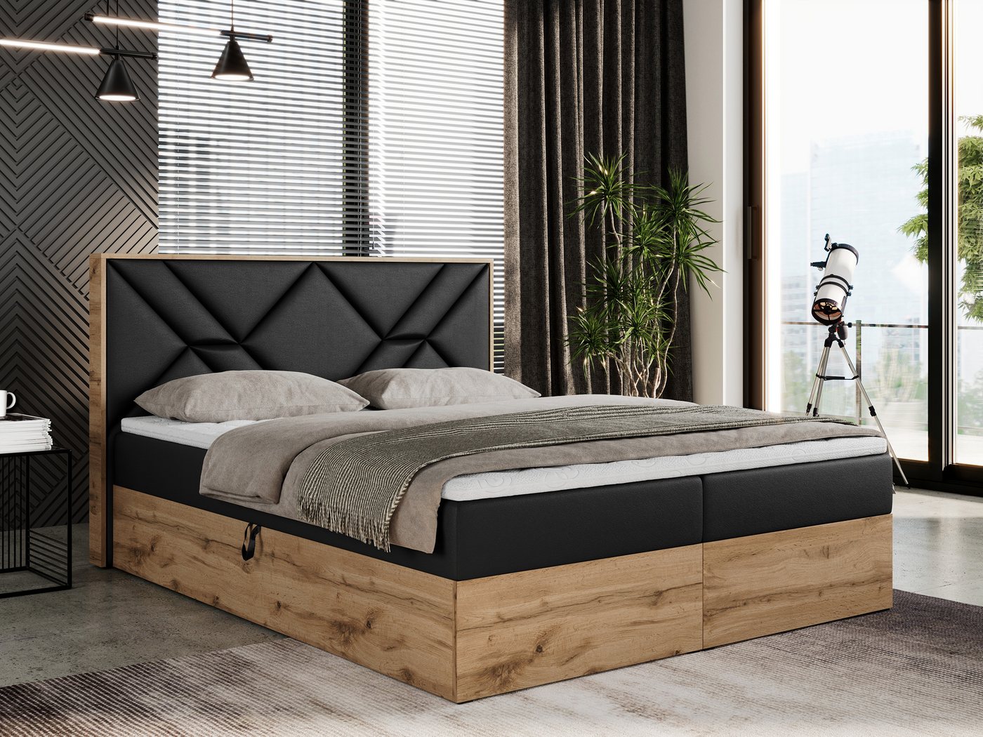 MKS MÖBEL Boxspringbett GUNAR, Doppelbett, Multipocket-Matratze und Topper, Eiche Holzrahmen von MKS MÖBEL