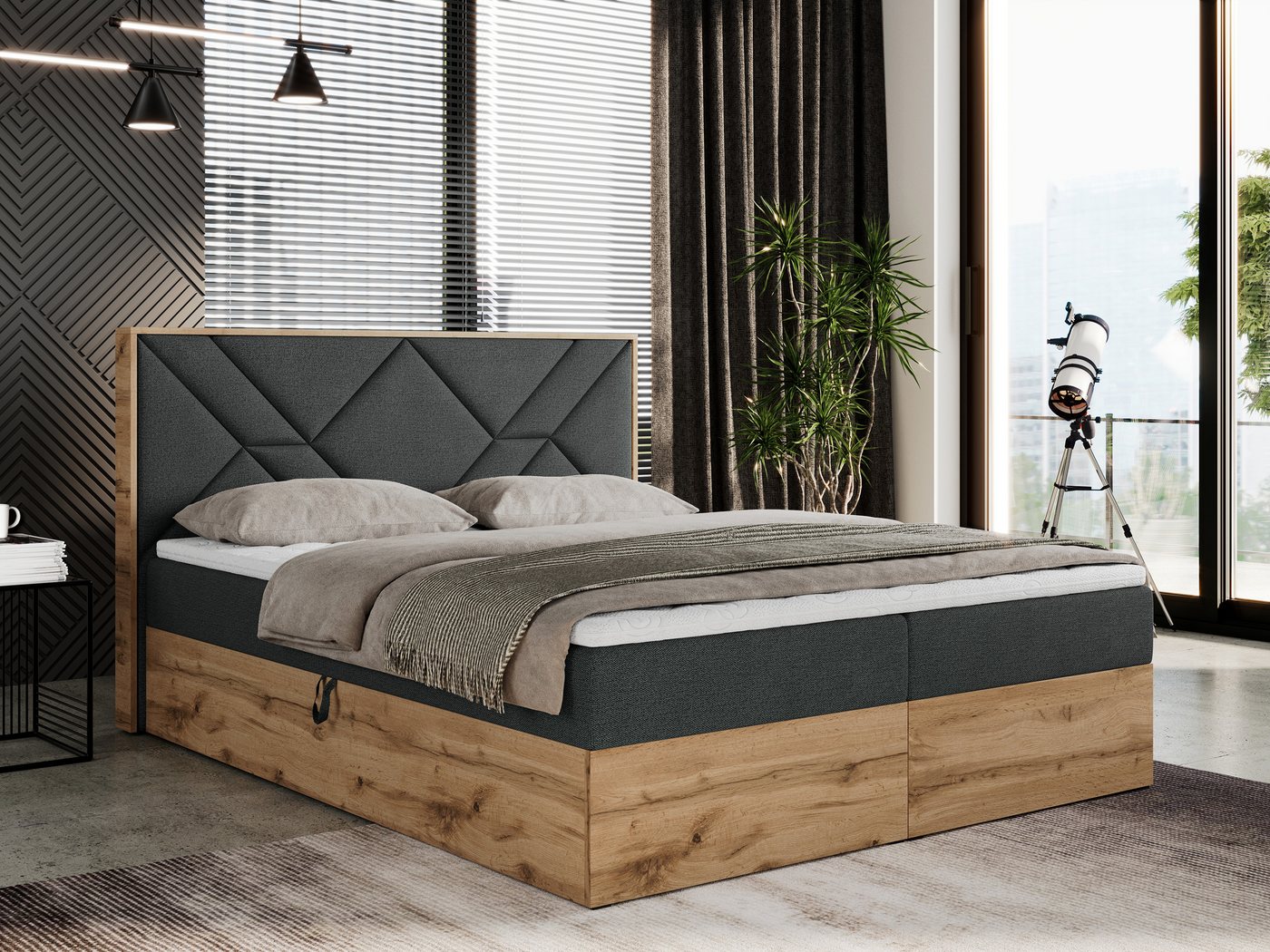 MKS MÖBEL Boxspringbett GUNAR, Doppelbett, Multipocket-Matratze und Topper, Eiche Holzrahmen von MKS MÖBEL