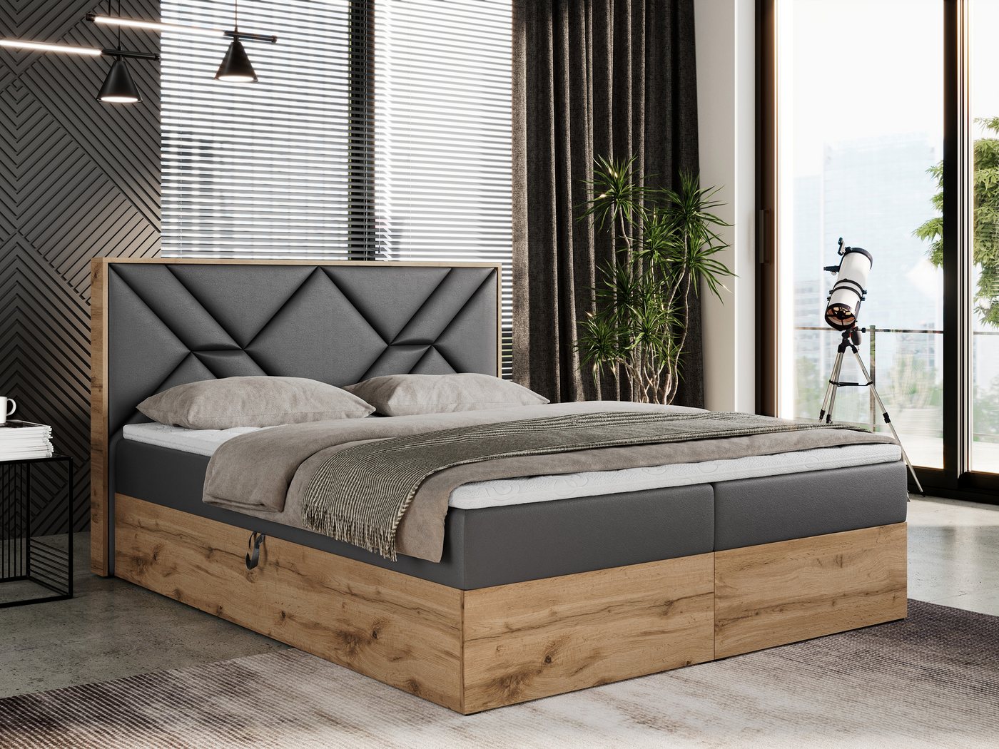 MKS MÖBEL Boxspringbett GUNAR, Doppelbett, Multipocket-Matratze und Topper, Eiche Holzrahmen von MKS MÖBEL