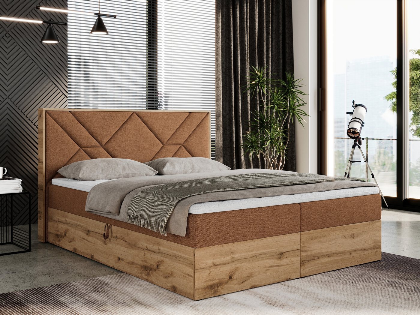 MKS MÖBEL Boxspringbett GUNAR, Doppelbett, Multipocket-Matratze und Topper, Eiche Holzrahmen von MKS MÖBEL