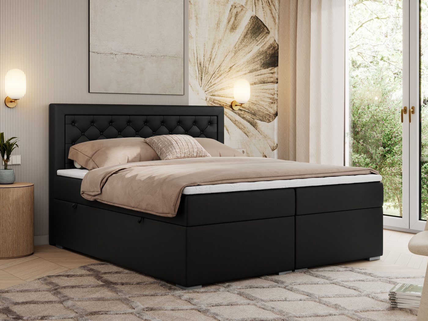 MKS MÖBEL Boxspringbett JASIR (Packung, Set, T30-Schaum, 7 Härtezonen, Topper T25, Polsterbett), Doppelbett, Multipocket-Matratzen, gesteppte Kopfstütze von MKS MÖBEL