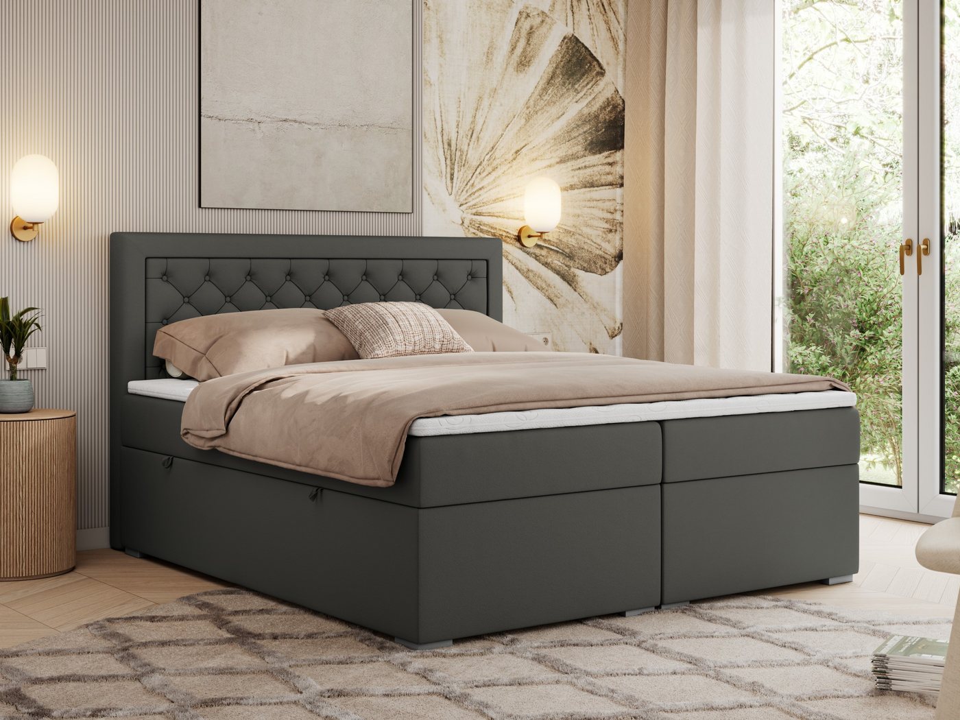 MKS MÖBEL Boxspringbett JASIR (Packung, Set, T30-Schaum, 7 Härtezonen, Topper T25, Polsterbett), Doppelbett, Multipocket-Matratzen, gesteppte Kopfstütze von MKS MÖBEL