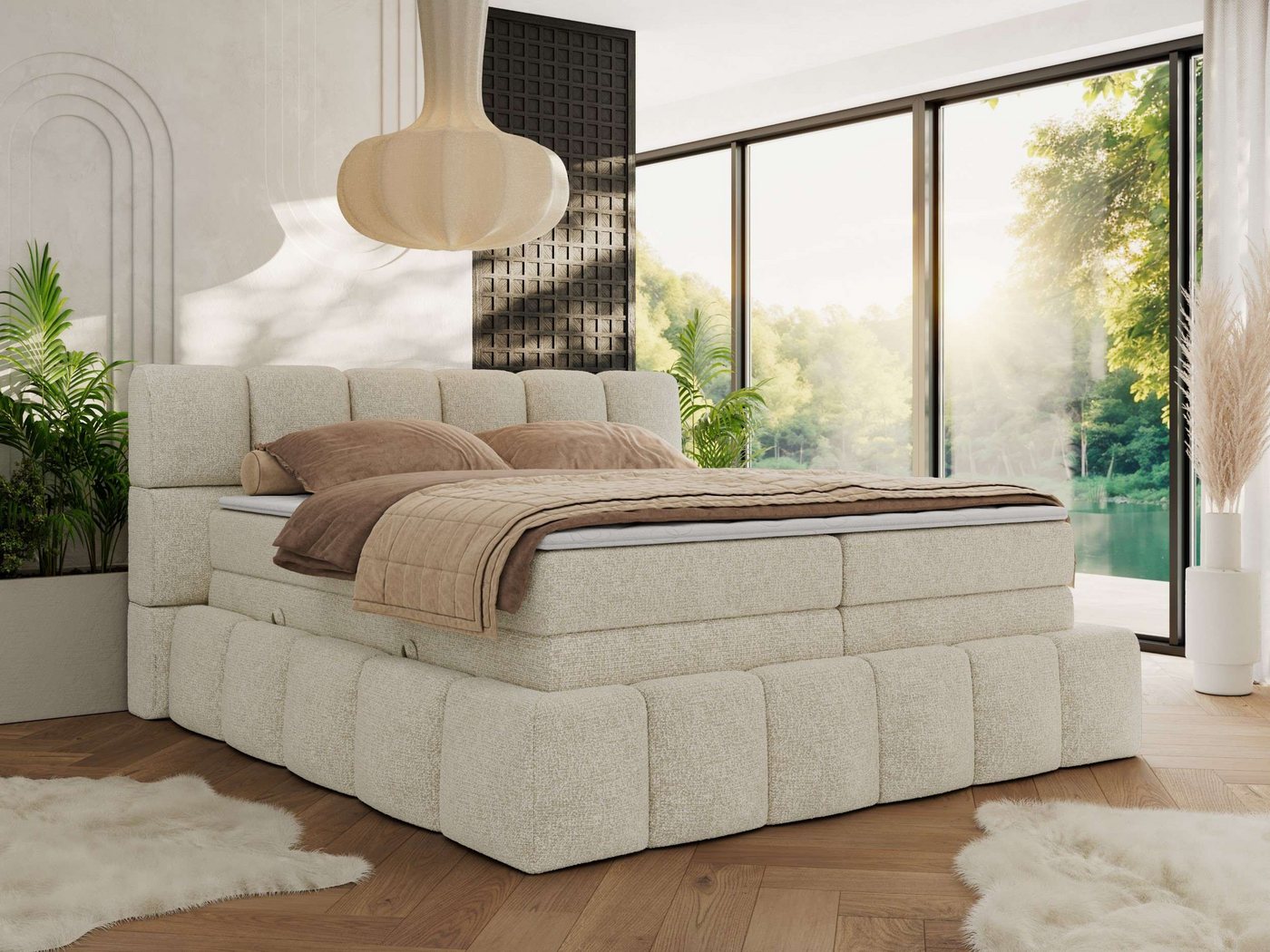 MKS MÖBEL Boxspringbett NIRA KING (Doppelbett-Set mit Topper & Bettkasten, 7-Zonen-Taschenfederkern, Härte H3/H4 wählbar, Topper 5 cm), breites, weiches Kopfteil, Komfortliegehöhe, robuste Ausführung von MKS MÖBEL