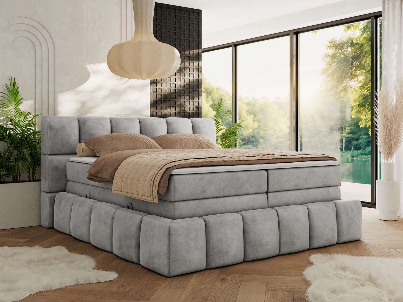 MKS MÖBEL Boxspringbett NIRA KING (Doppelbett-Set mit Topper & Bettkasten, 7-Zonen-Taschenfederkern, Härte H3/H4 wählbar, Topper 5 cm), breites, weiches Kopfteil, Komfortliegehöhe, robuste Ausführung von MKS MÖBEL