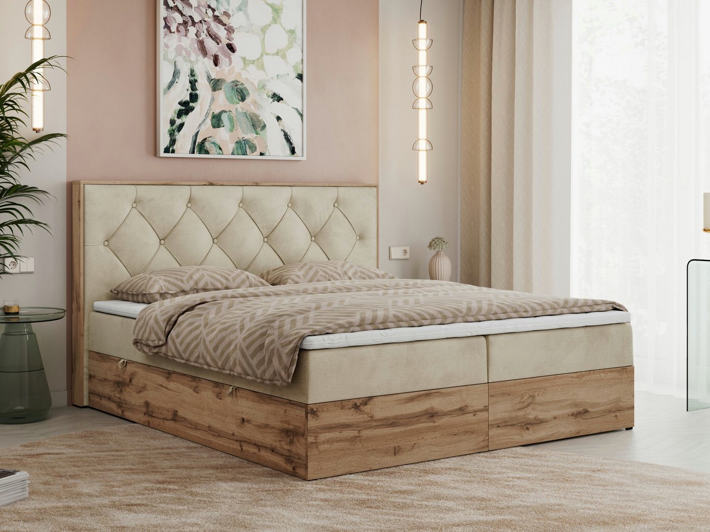 MKS MÖBEL Boxspringbett VENETO (Polsterbett, zwei Bettkästen, Topper T-25, T30-Schaum), Multipocket Matratzen, Rahmen des Bettes in Eichen-Optik von MKS MÖBEL